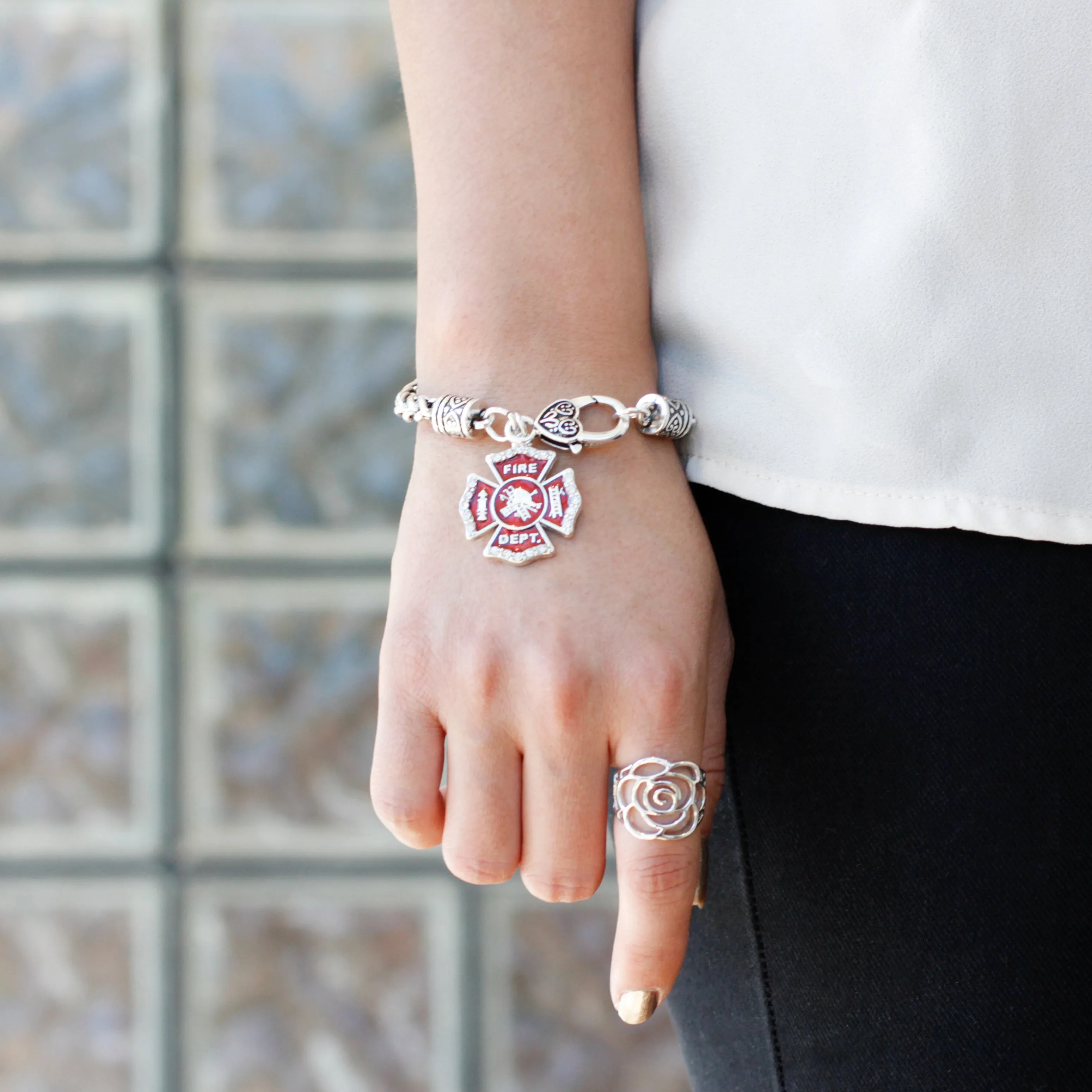 Silver Firefighter Badge Charm Braided Bracelet