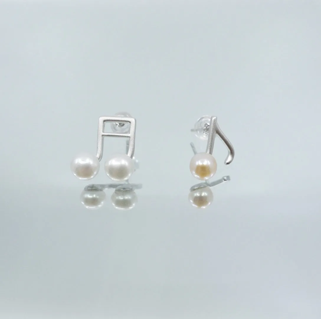 Silver Musical Notes Ammestry Pearl Stud Earrings