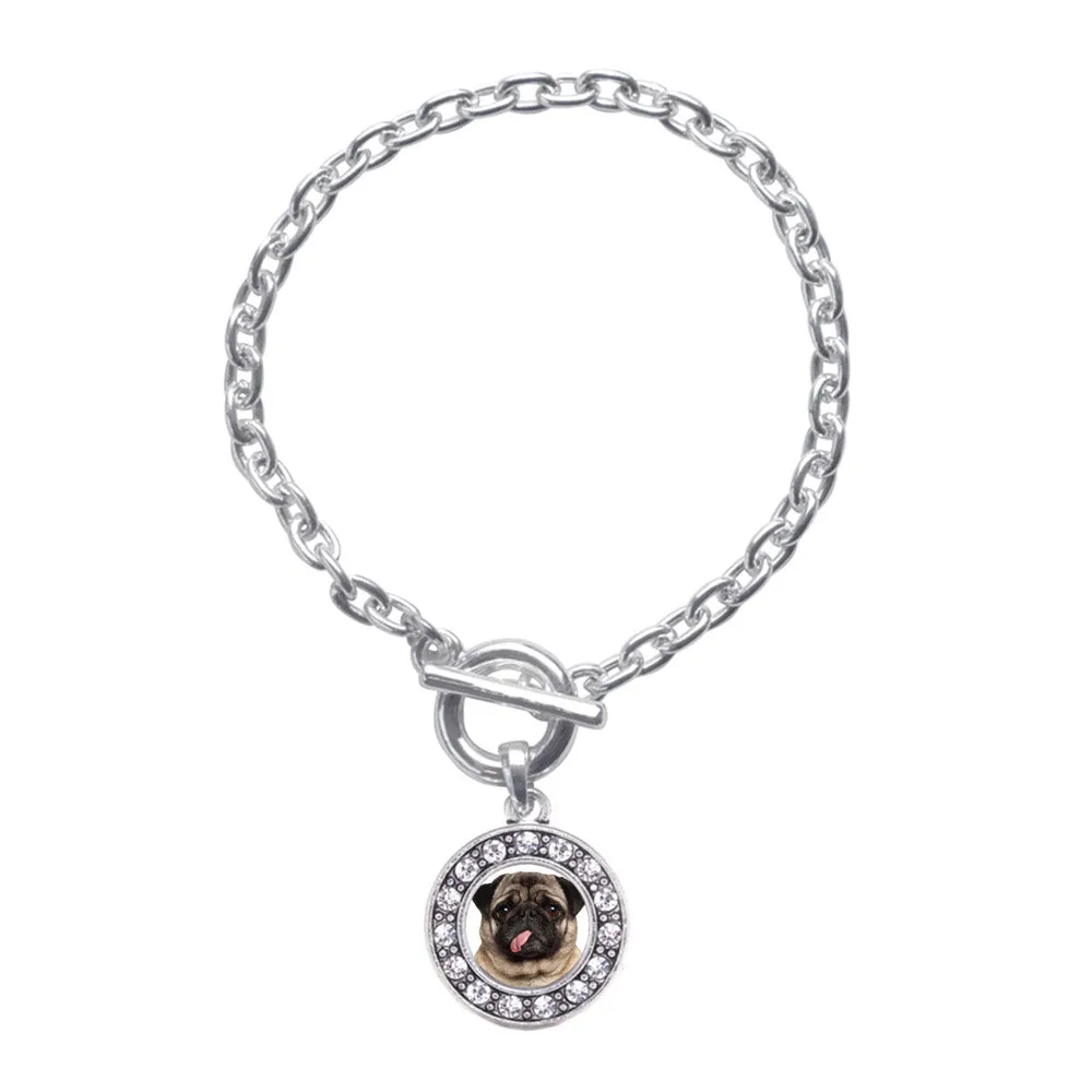 Silver Pug Face Circle Charm Toggle Bracelet