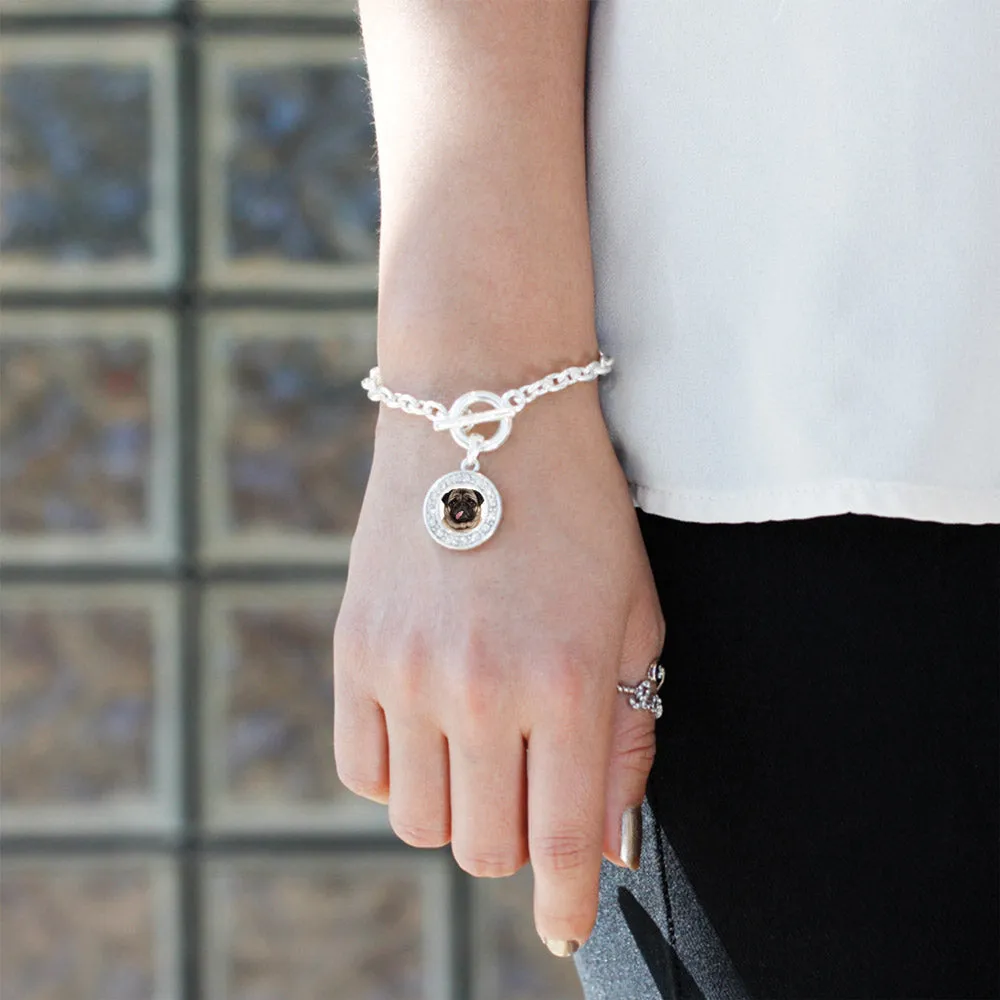 Silver Pug Face Circle Charm Toggle Bracelet
