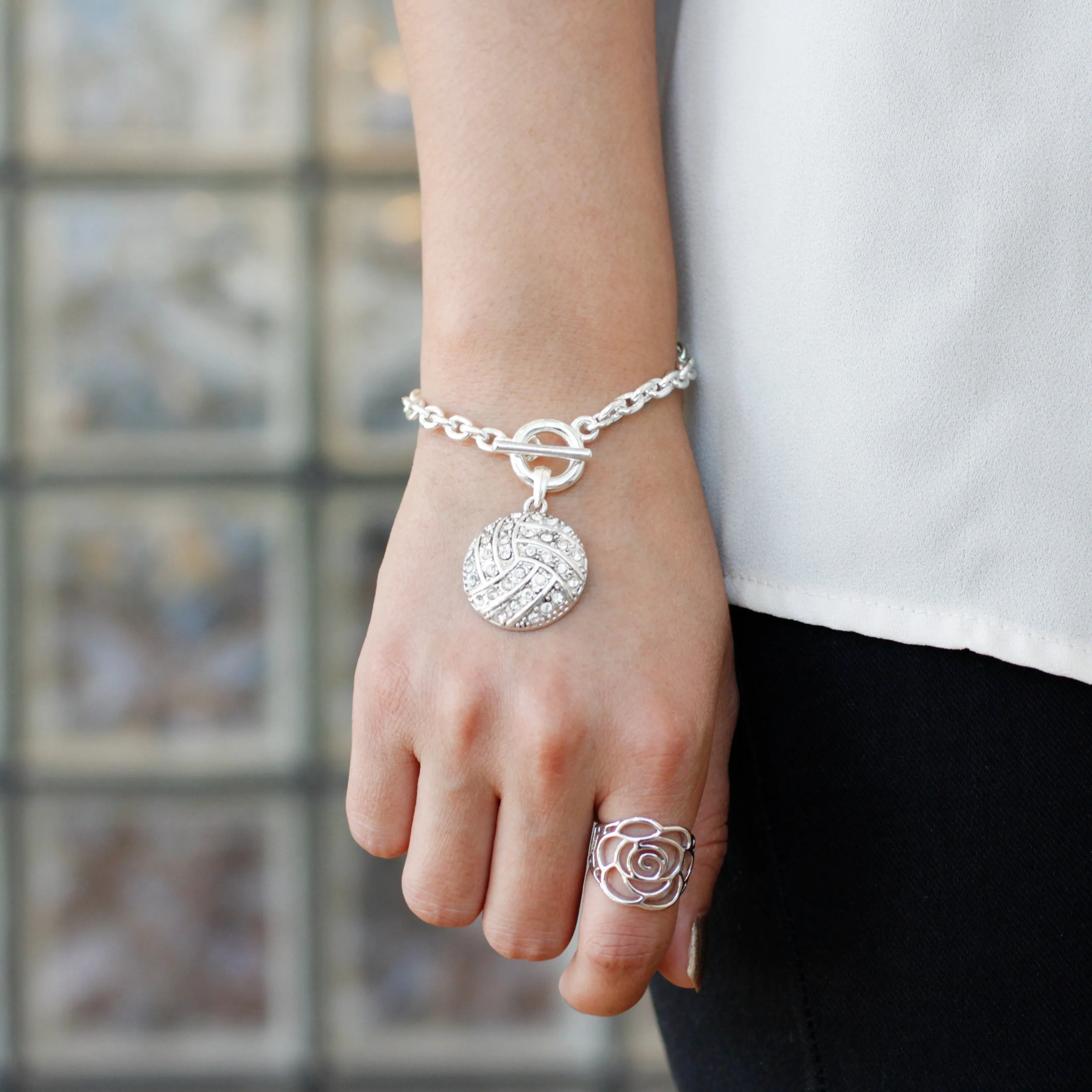 Silver Volleyball Charm Toggle Bracelet