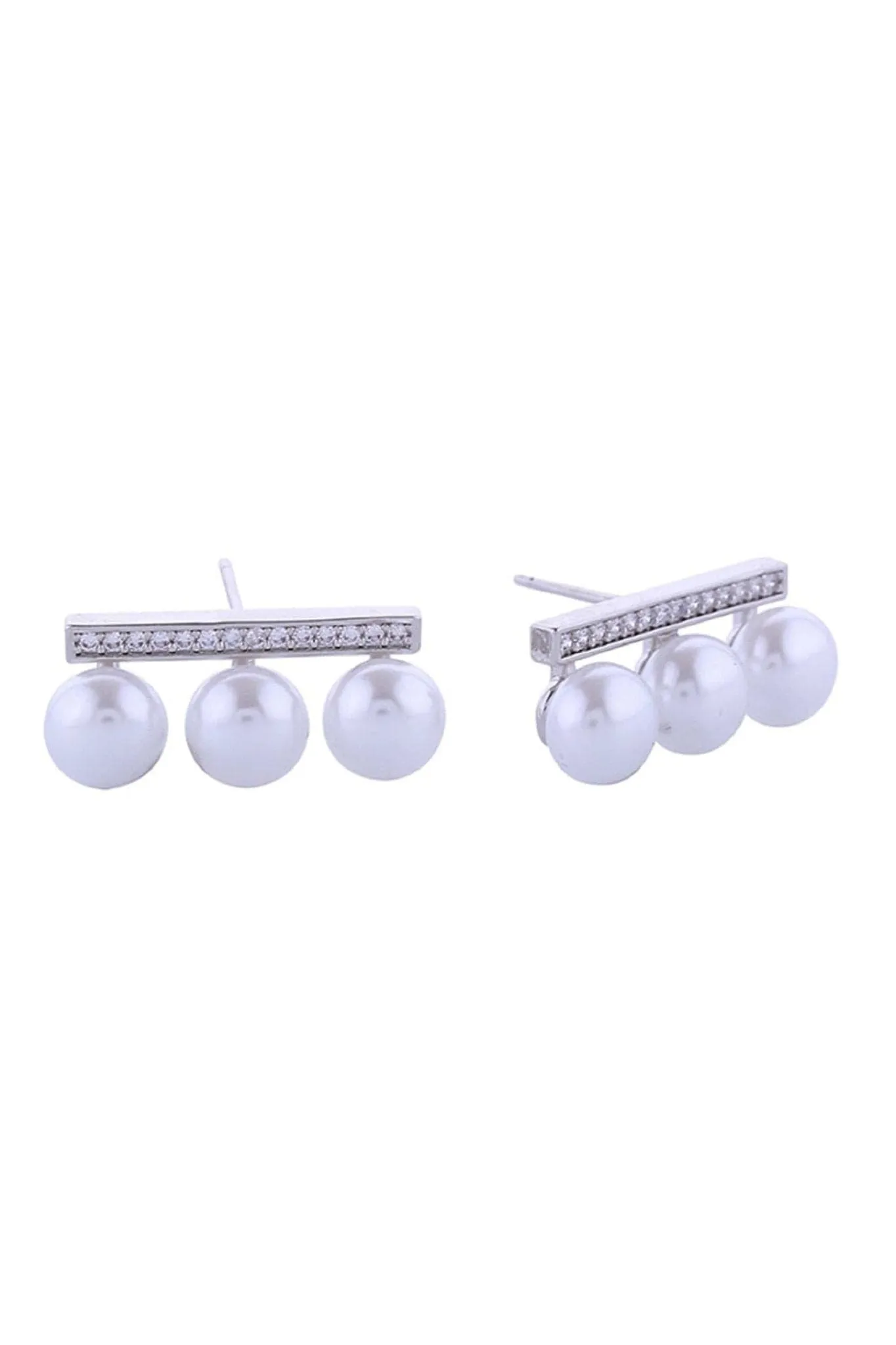 SJE310948 14K CZ Bar Trio Pearl Post Earrings