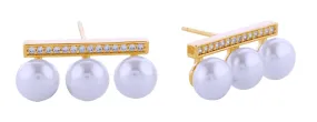 SJE310948 14K CZ Bar Trio Pearl Post Earrings