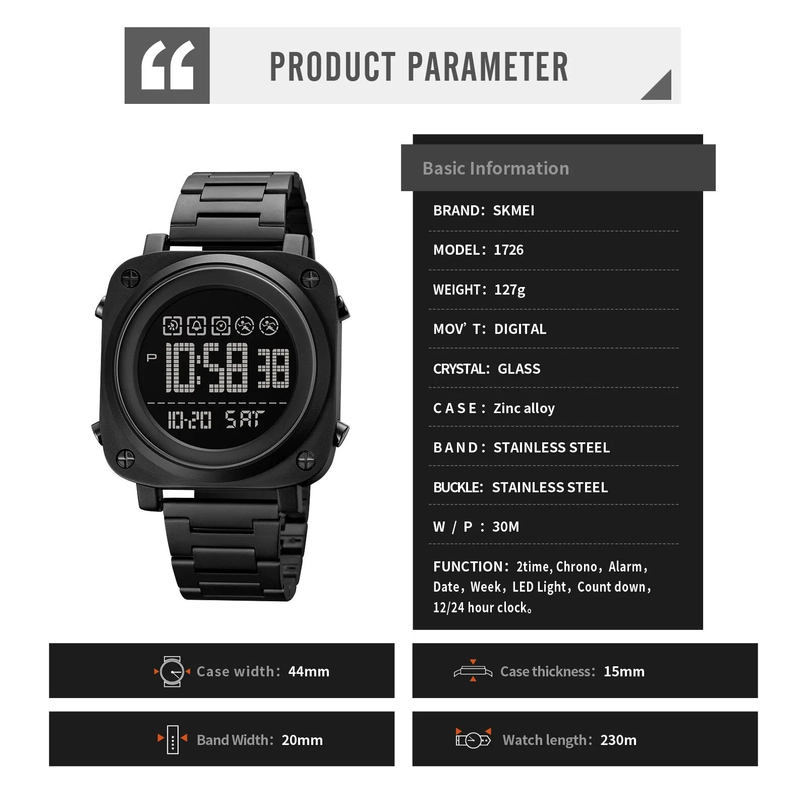 SKMEI 1726 LED Square Watch Mens w/ 30m Waterproof & Luminous