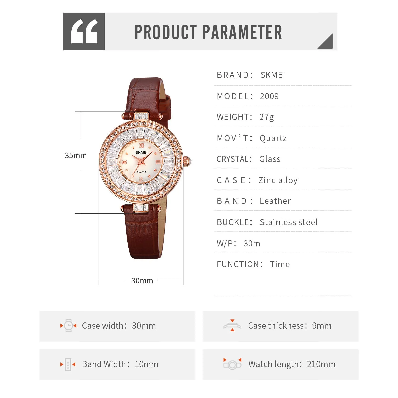 SKMEI 2009 Diamond Wrist Watch for Women w/ Leather Strap