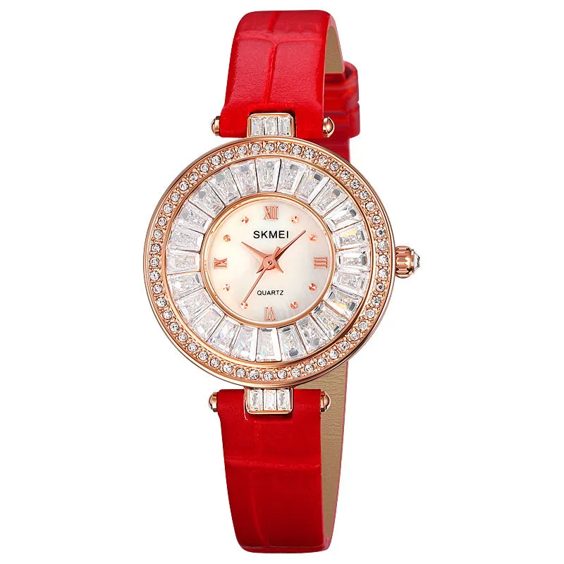 SKMEI 2009 Diamond Wrist Watch for Women w/ Leather Strap