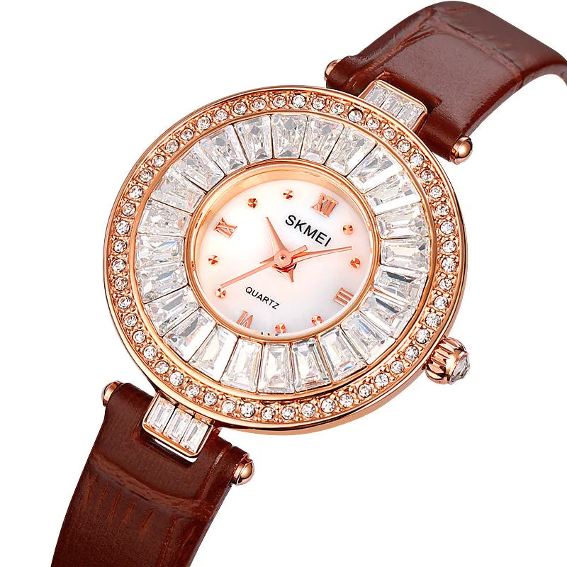 SKMEI 2009 Diamond Wrist Watch for Women w/ Leather Strap