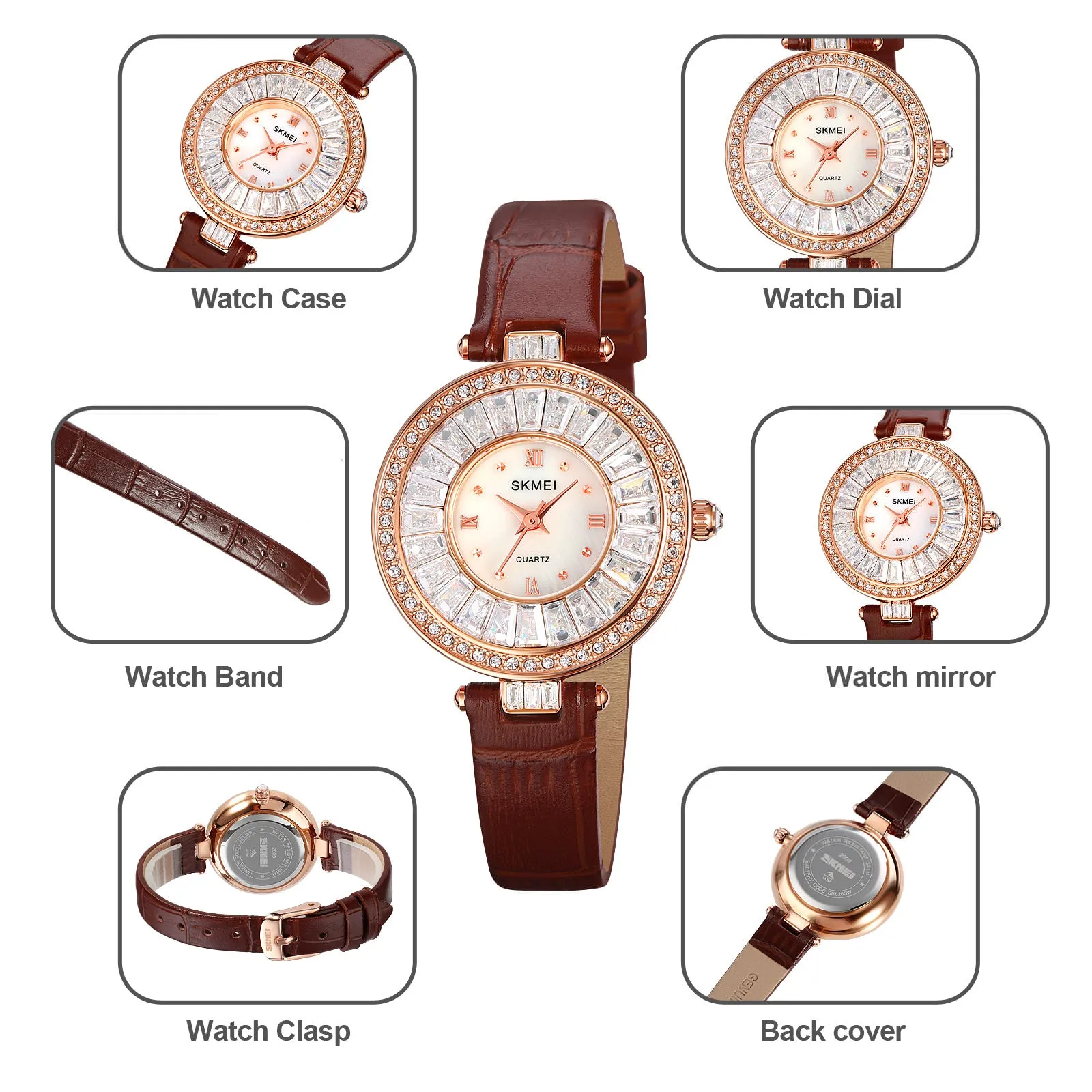 SKMEI 2009 Diamond Wrist Watch for Women w/ Leather Strap