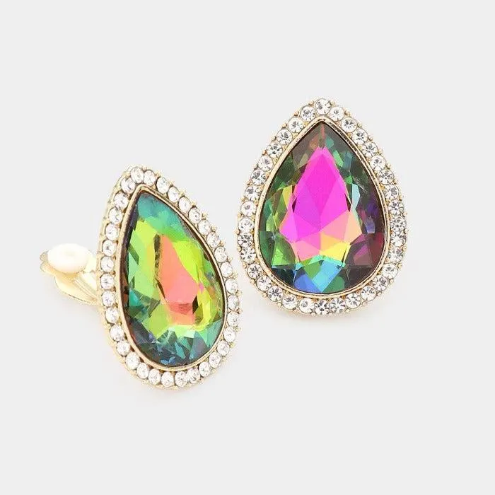 Teardrop Vitrail Crystal Rhinestone Clip On Earrings