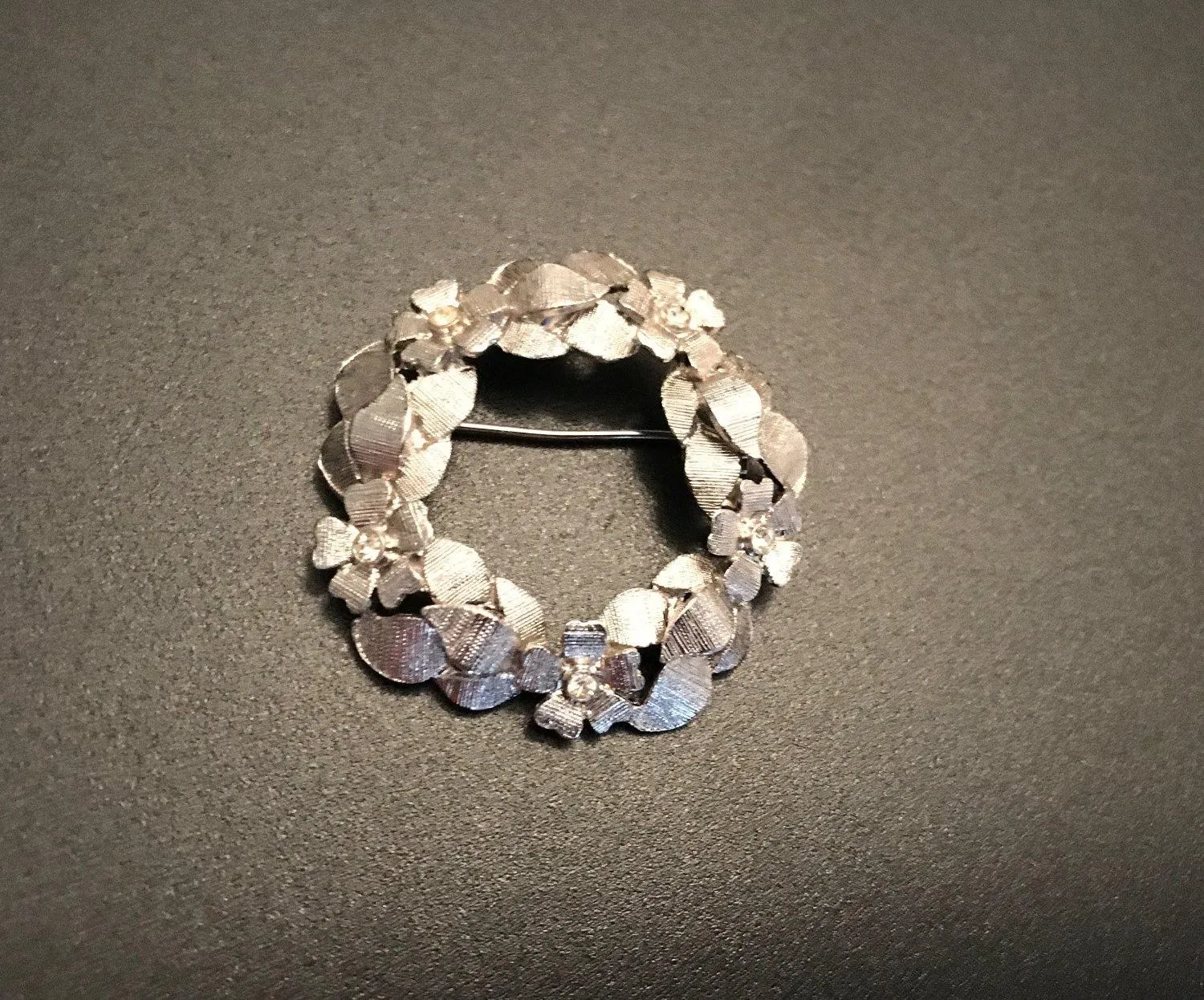 Textured Vintage Silver Wreath Brooch with Rhinestones