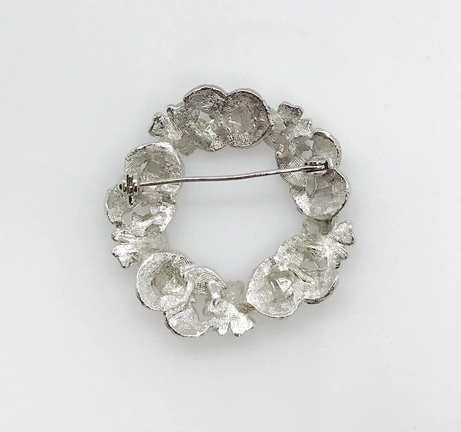 Textured Vintage Silver Wreath Brooch with Rhinestones