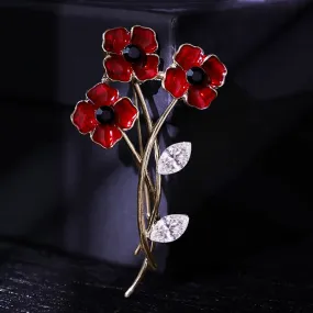 Unisex Red Poppy Bouquet Posy Stem Brooch