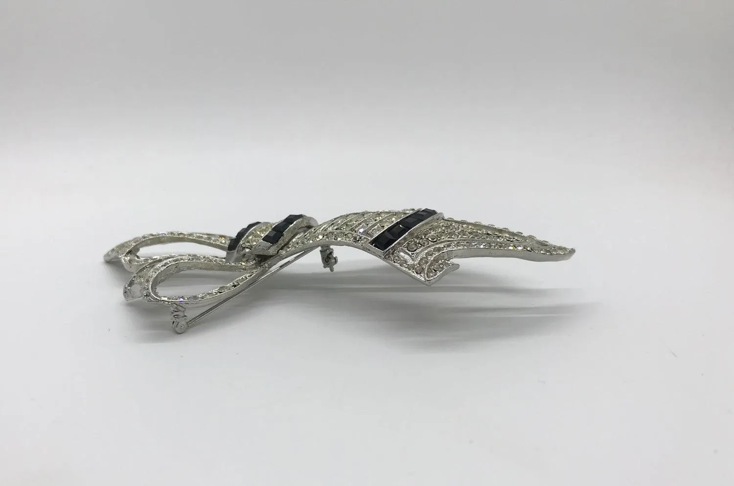 Very Large Deco Style Black and White Stone Bow Brooch