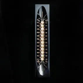 Victorian 14k Yellow Gold Onyx and Seed Pearl Bar Brooch