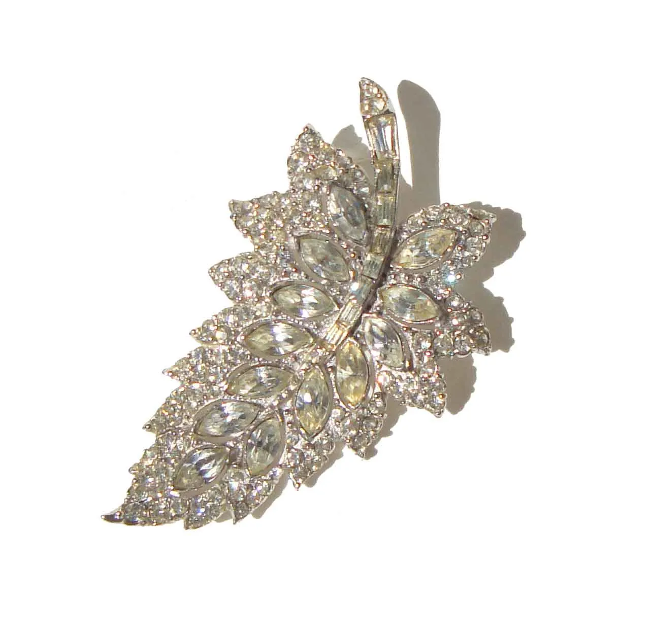 Vintage Bogoff Rhinestone Leaf Brooch Cocktail Pin