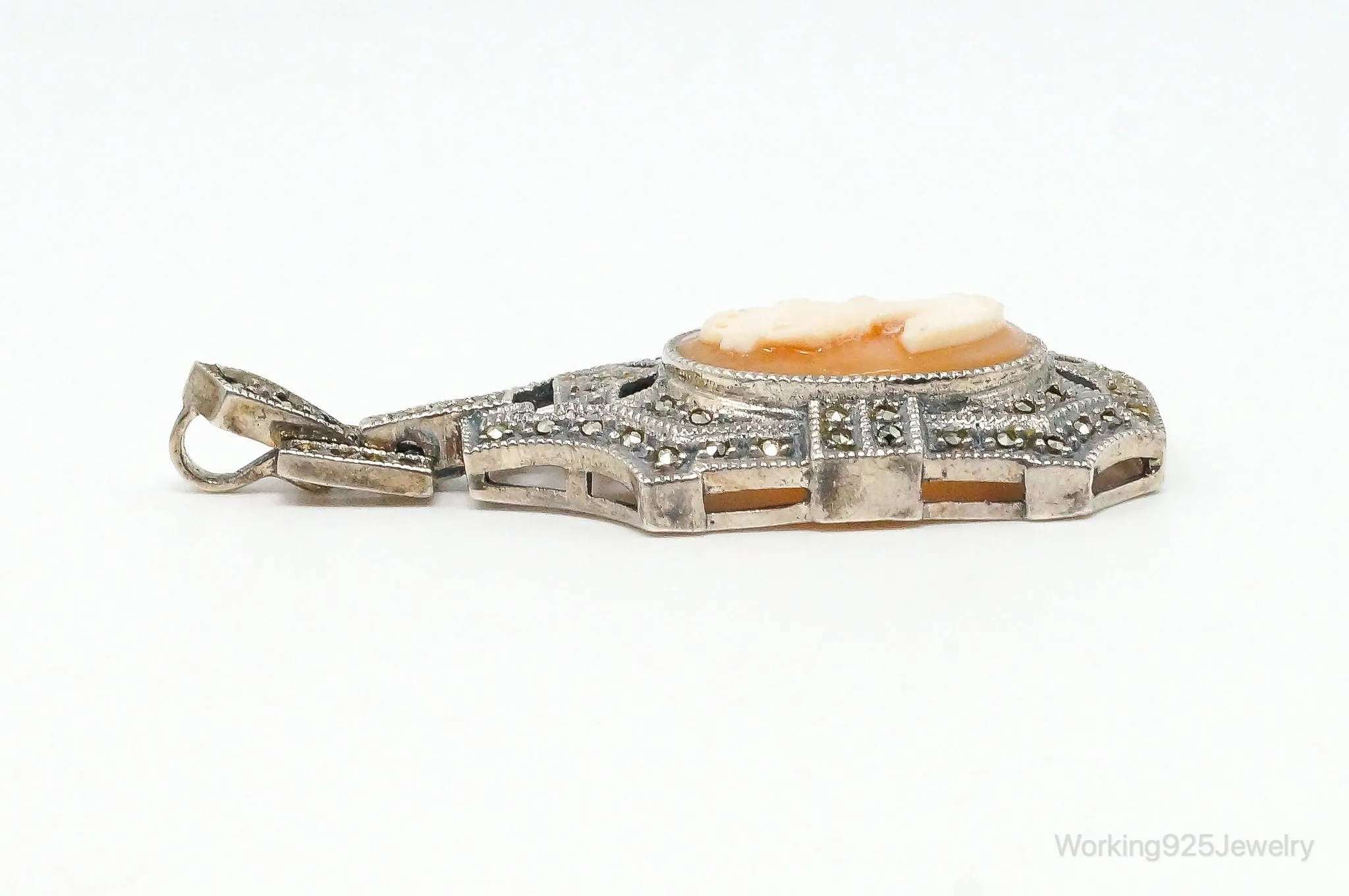 Vintage Judith Jack Carved Shell Lady Cameo Marcasite Sterling Silver Pendant