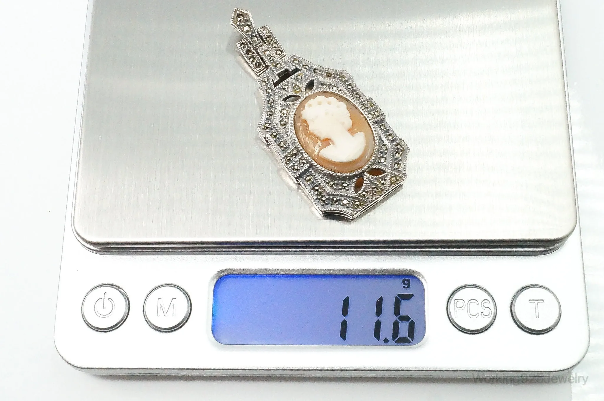 Vintage Judith Jack Carved Shell Lady Cameo Marcasite Sterling Silver Pendant