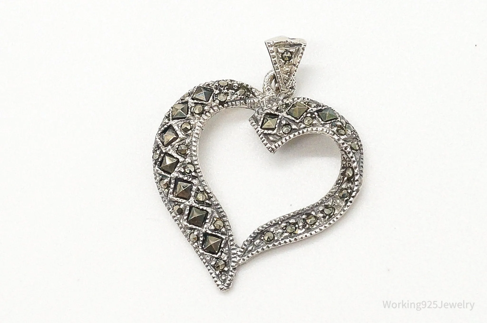 Vintage Marcasite Heart Cut Out Art Deco Sterling Silver Pendant