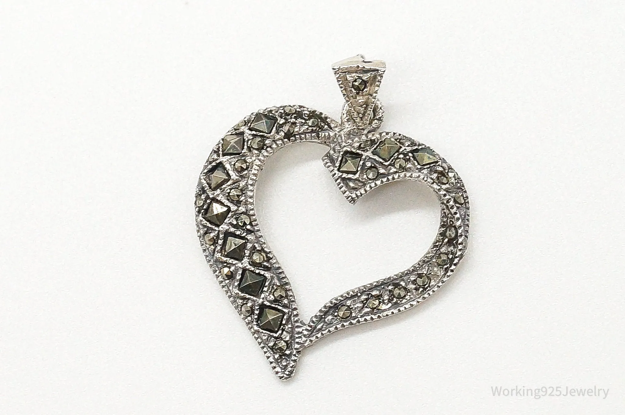 Vintage Marcasite Heart Cut Out Art Deco Sterling Silver Pendant