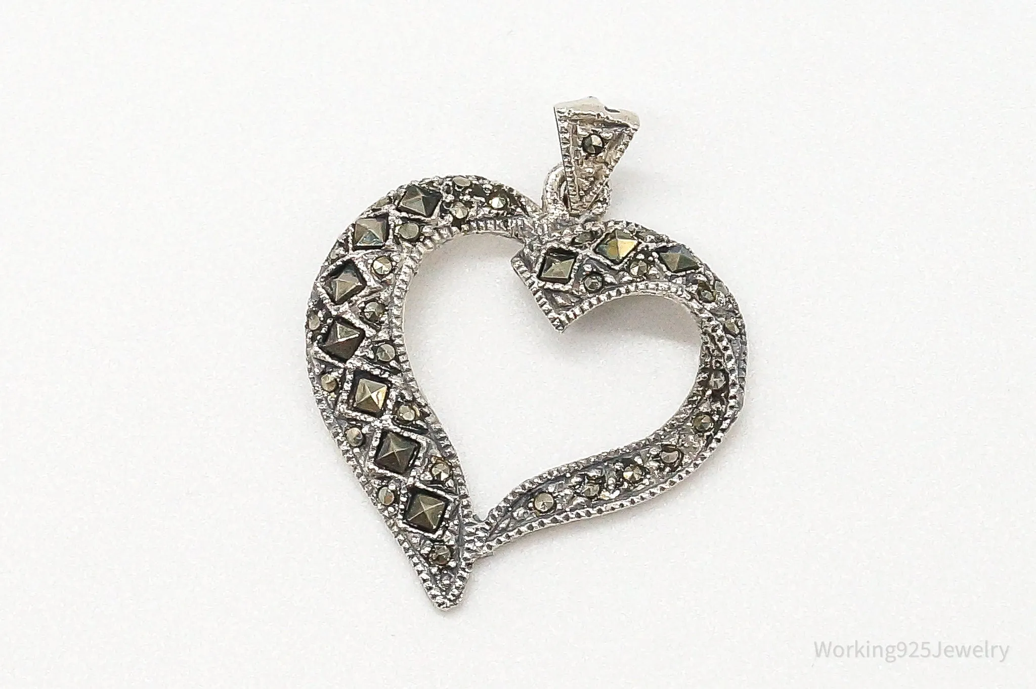 Vintage Marcasite Heart Cut Out Art Deco Sterling Silver Pendant