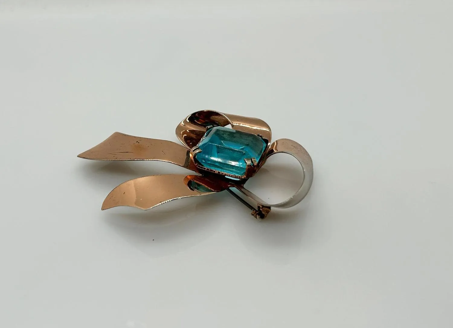 Vintage Sterling Bow Brooch with Large Square Aqua  Blue Stone
