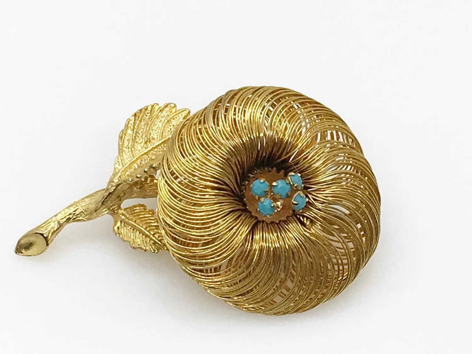 Vintage Wire Flower Brooch With Center Turquoise Trembler