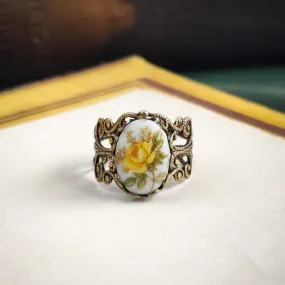 Yellow Rose Cameo Ring on Vintage Style Filigree Adjustable Ring in Silver or Brass Choose from Pink, Blue, or Yellow